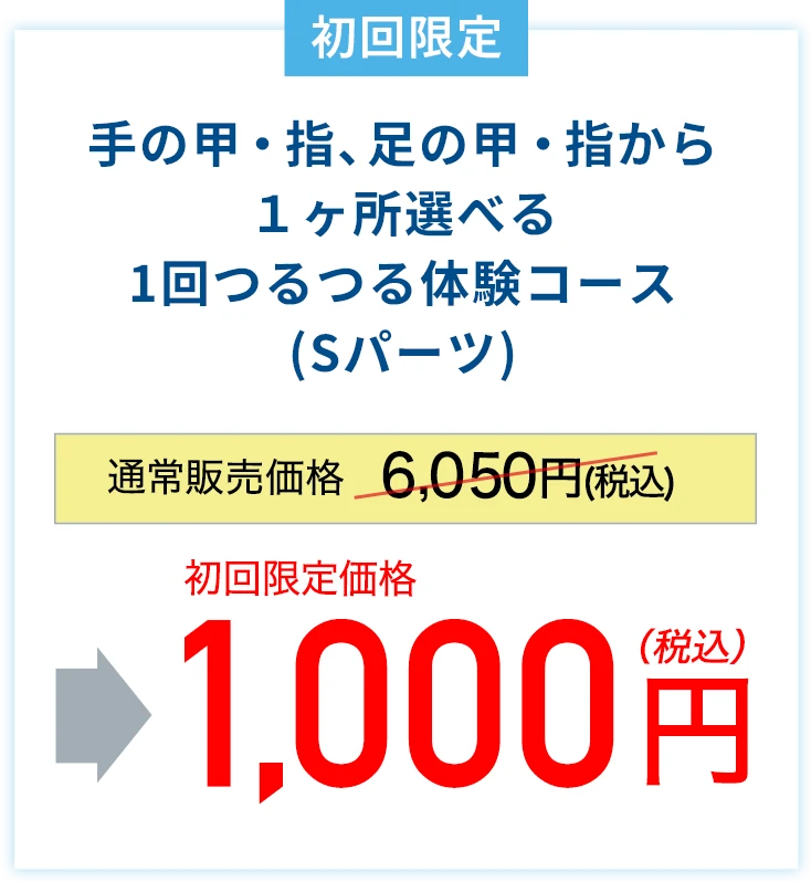 手の甲・指、足の甲・指から1ヶ所選べる1回つるつる体験コース
